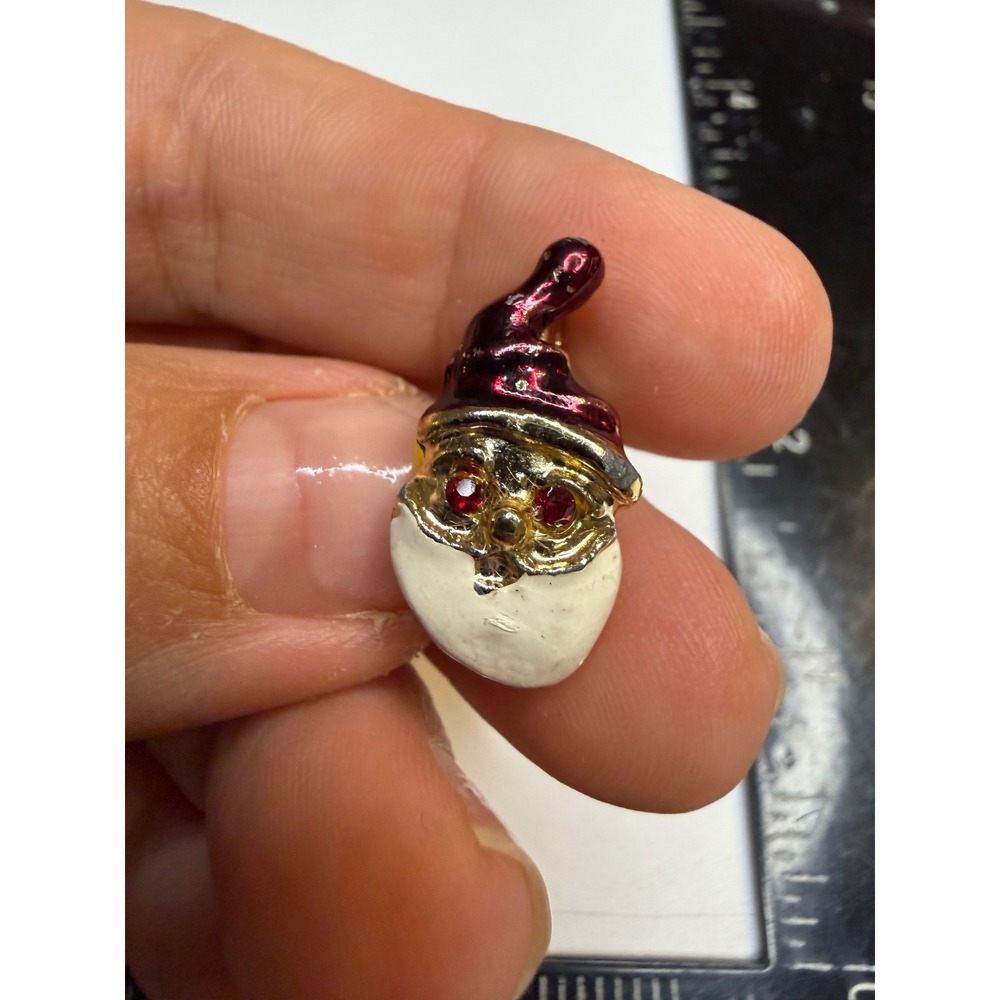 Vintage Santa Claus Head Enamel Brooch Red Rhinestone Eyes Gold Tone Holiday Pin